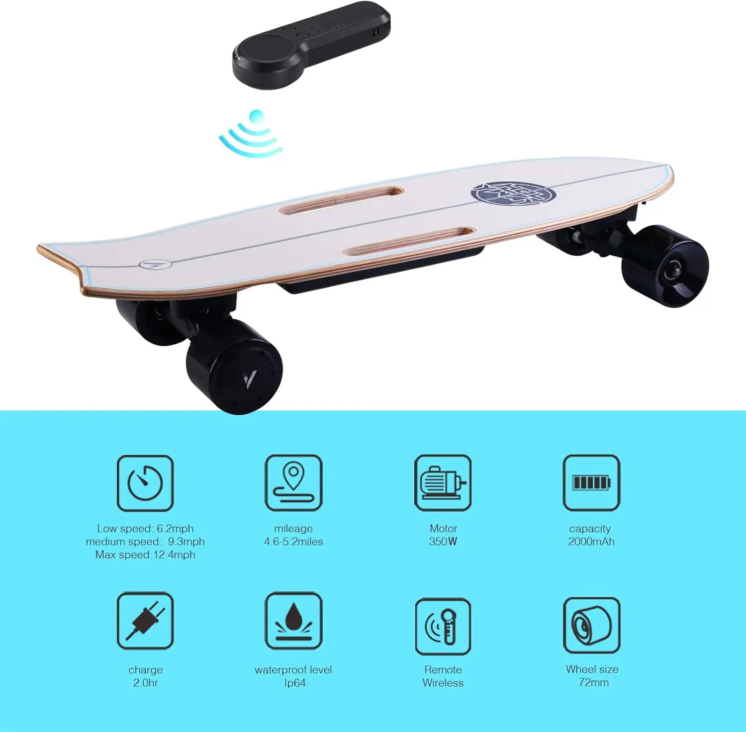 Electric Longboard with Remote Control Electric Skateboard,350W Hub-Motor,13 MPH Top Speed，5.5 Miles Range,3 Speed Adjustment，Ma