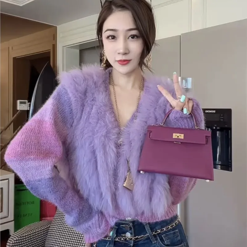 2022 Autumn Women Real Fox Fur Oversize Loose Thin Fox Fur Decoration Lady's Fashion Knitting Sweater Coat