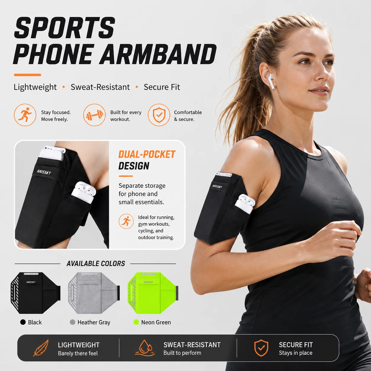 

Running Phone Armband for 6.5 inch Phones Adjustable Sports Arm Bag with Dual Pockets Men Women Fitness Gym Cycling Running Bags