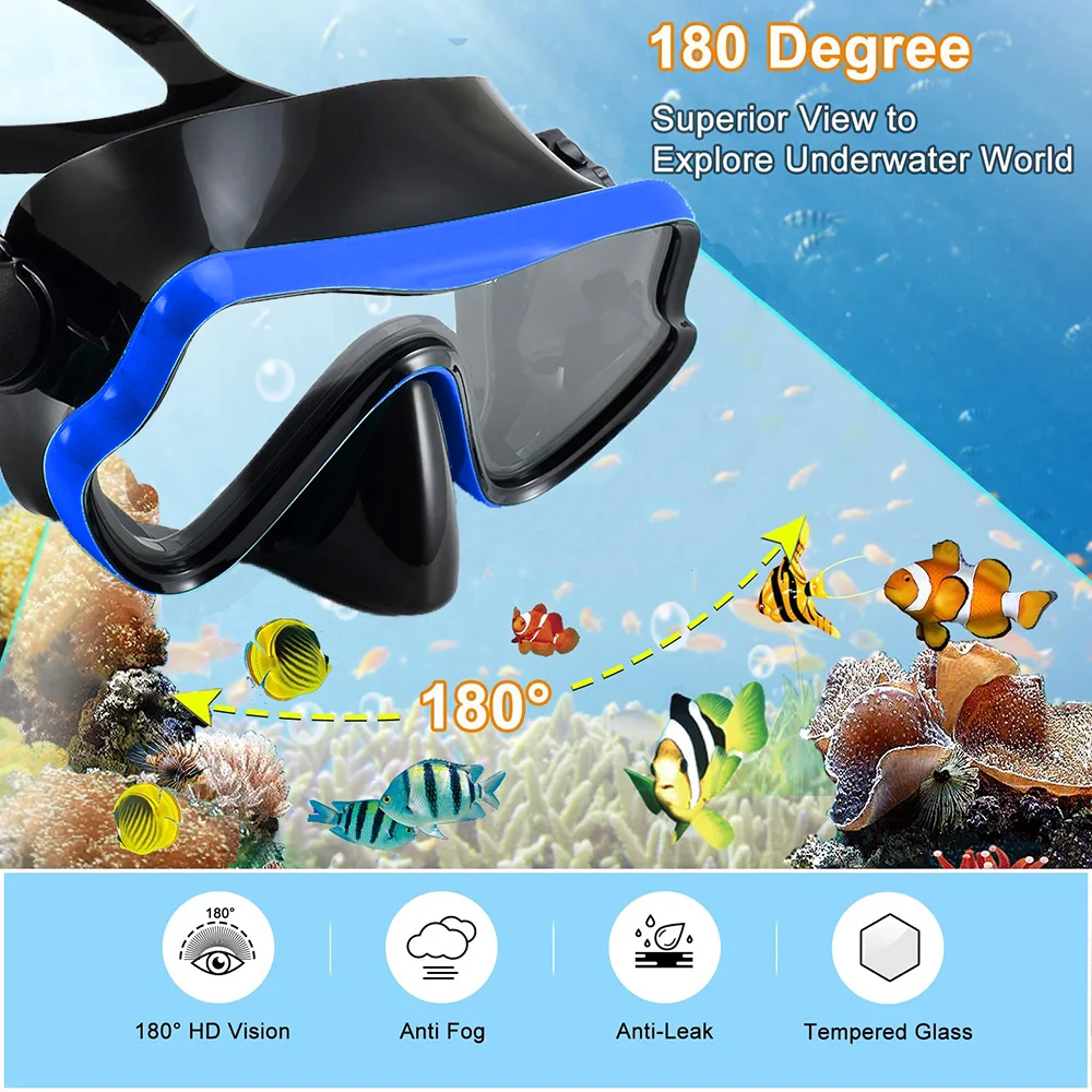 Mask Fin Snorkel Set Snorkel Gear for Adult Panoramic View Snorkel Mask Adjustable Dive Flipper Dry Top Snorkel and Travel Bag