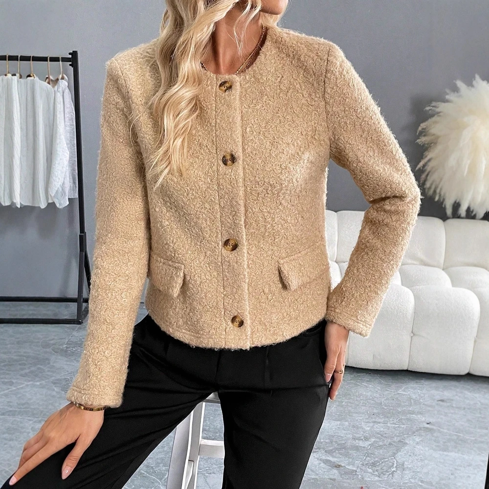 

Французская винтажная твидовая короткая куртка с круглым вырезом и карманами на одной пуговице, верхняя одежда для женщин, осенне-зимний модный стиль