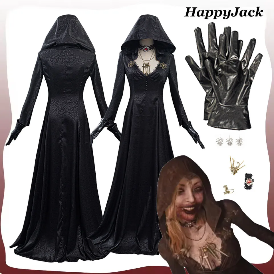 

Moth Lady Evil Cosplay Costume Resident Village Fantasia Vampire Women Black Dress Gloves Outfits Halloween Carnival Suit