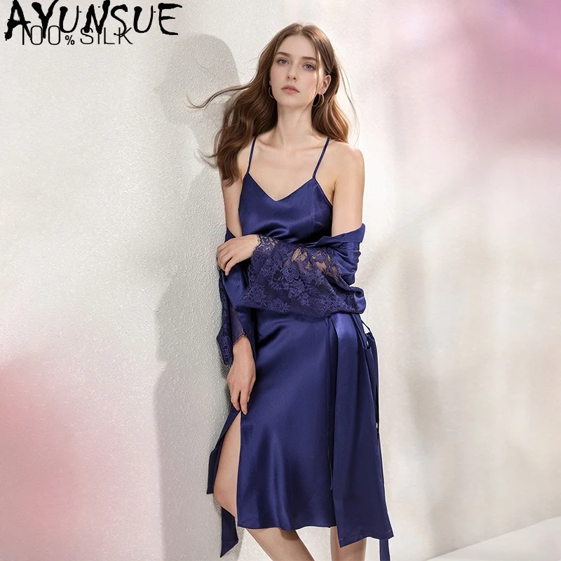AYUNSUE 100% Real Mulberry Silk Robe & Gown Sets Women 2026 Spring Summer Robes 19MM Silk Sexy Sleepwear Women's Home Clothes
