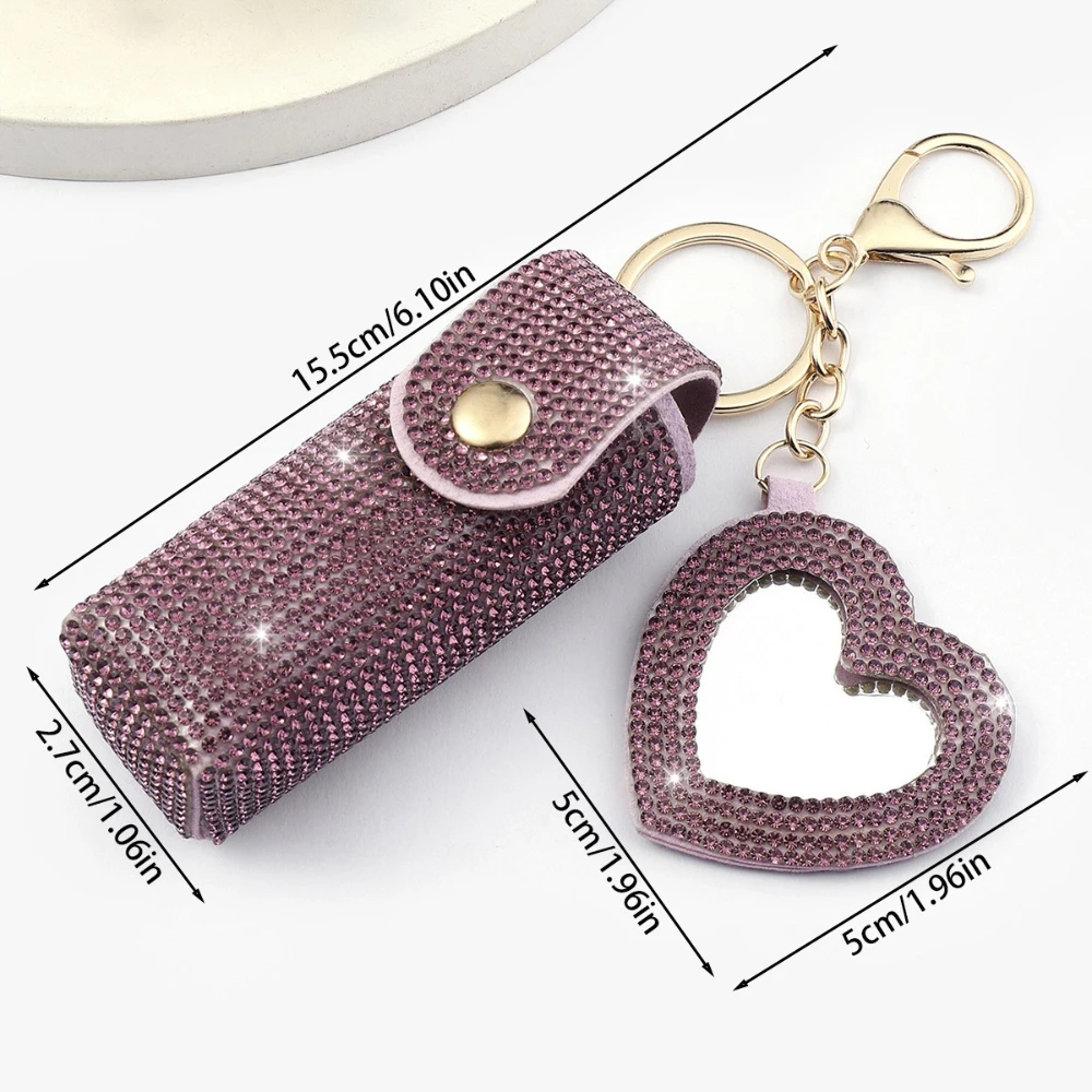 2pcs Pack Popular Bling Lipstick Holder Pouch Keychain Bag Hanger With Heart Shape Mirror