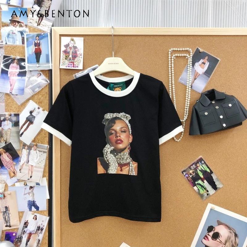 

Винтажная женская футболка с короткими рукавами, с объемным принтом и контрастной отделкой, свободного кроя, универсальная, повседневная, базовая