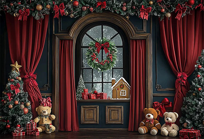 Mehofond Photography Backdrop Arched Window Red Curtain Family Festival Christmas Wreath Gingerbread House Bear Decor Background