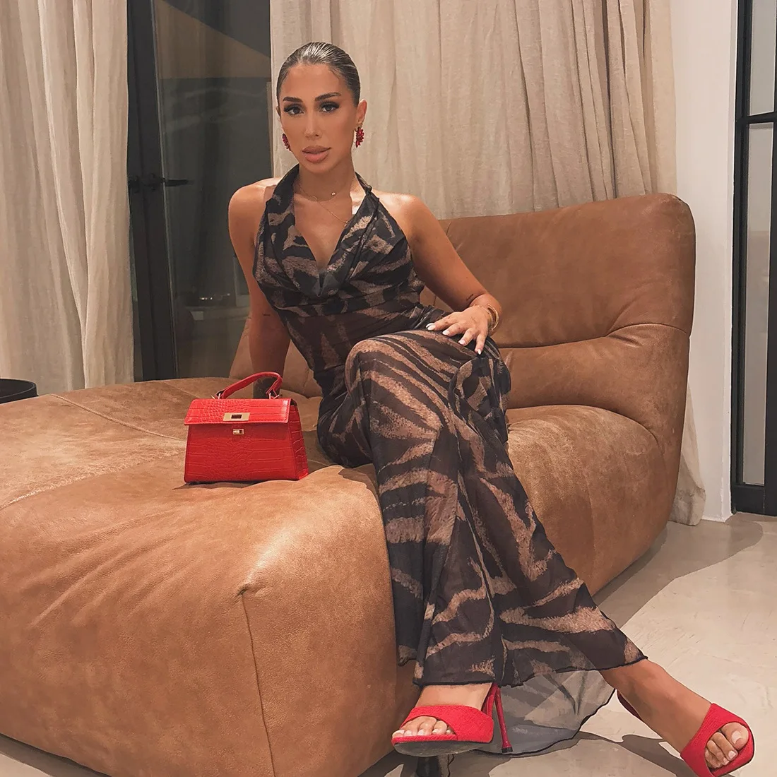 Women Sexy Zebra Stripes Print Bodycon Maxi Party Dress Swinging Collar Sleeveless Halter Backless Slim Clubwear Long Robe