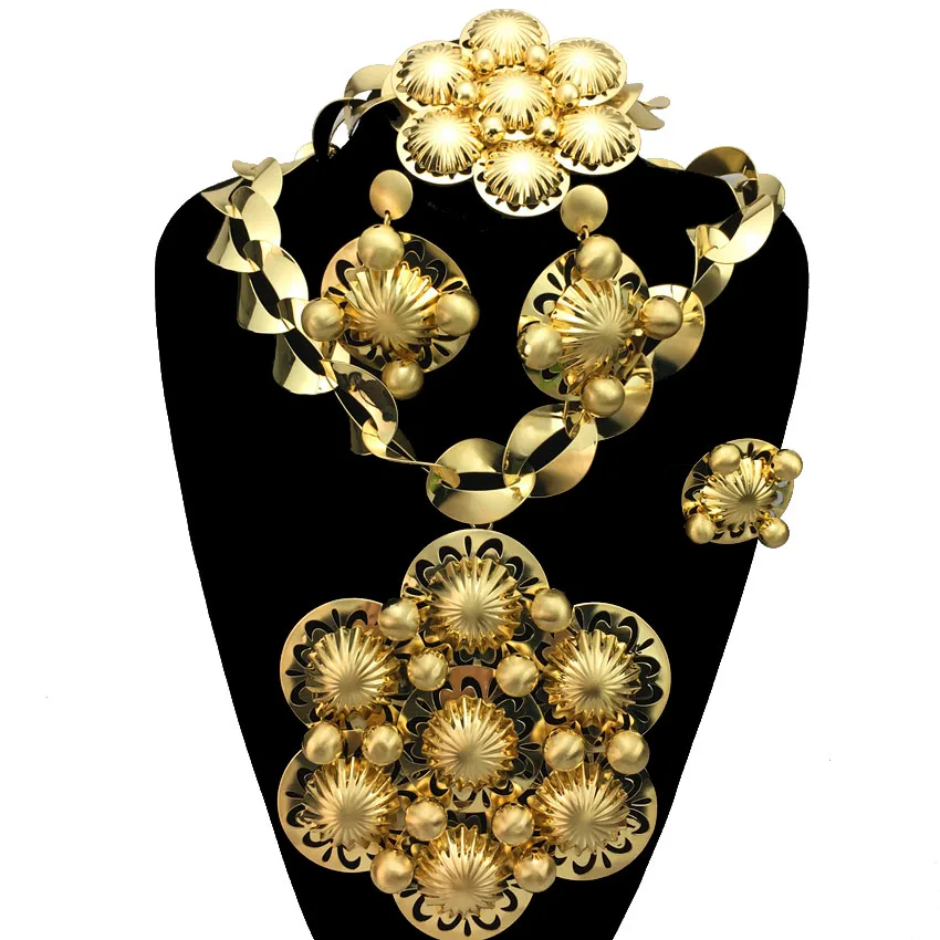 

Ladies Plated 24K Earrings Rings Bracelets Necklaces Brazilian Dubai Bridal Wedding Big Flower Pendant Jewelry Sets FHK12862
