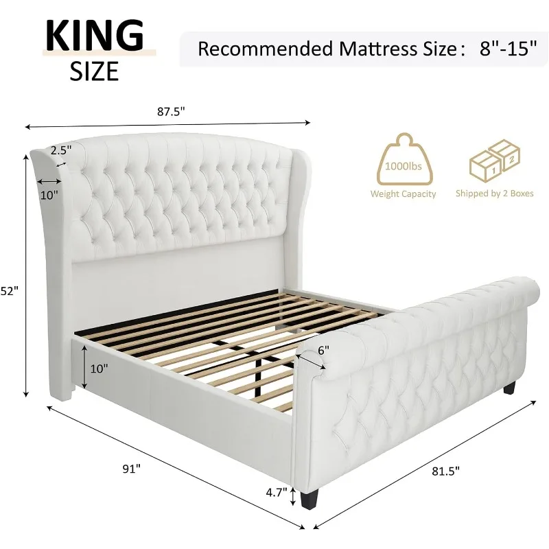 AMERLIFE King Size Platform Bed Frame, Chenille Upholstered Sleigh Bed with Scroll Wingback Headboard & Footboard/Button