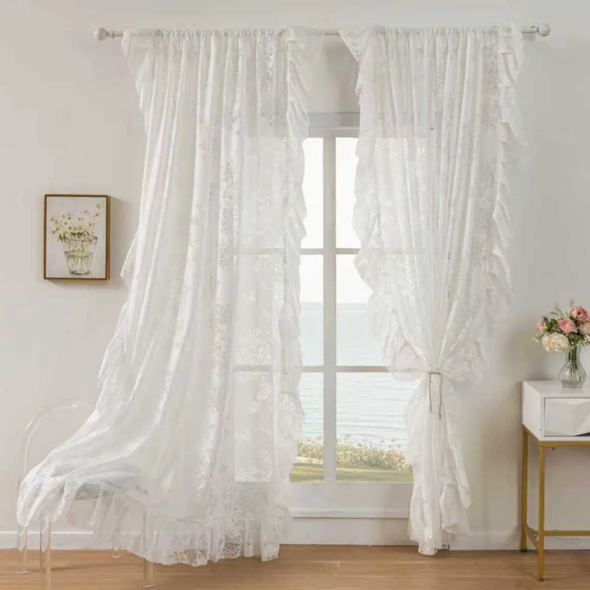 French Vintage Lace Curtain, Princess Style, Hollow Out Design, Easy Installation, Home Decor for Living Room, Bedroom, Balcony