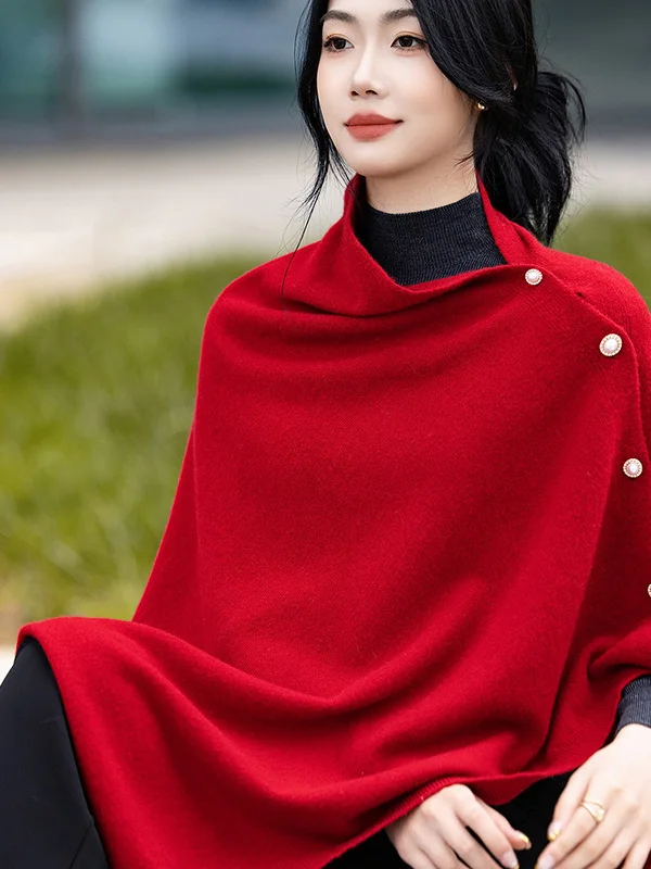 ファッショナブルな純毛パールラインストーンニットショルダーラップ女性の暖かいカウルネックコートカシミヤスカーフ冬のアクセサリー