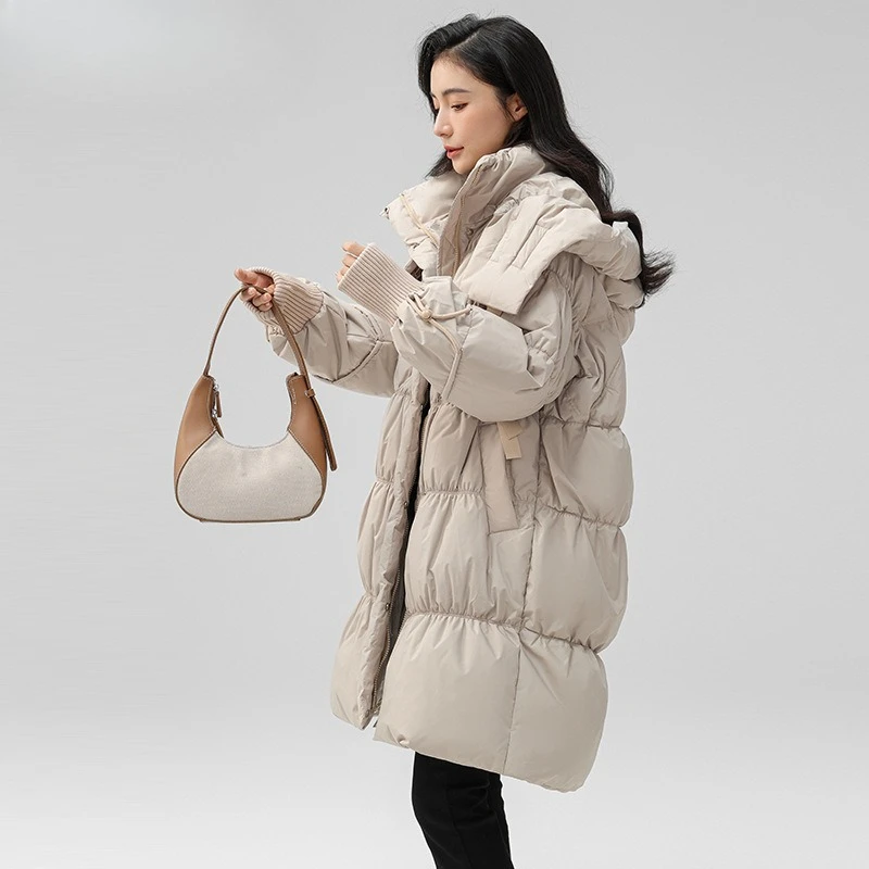 الشتاء الدافئة مقنعين البرتقال منتصف طول أسفل سترة الإناث 2025 جديد شعبية امرأة فضفاضة طويلة الأكمام سميكة الأبيض بطة أسفل معطف