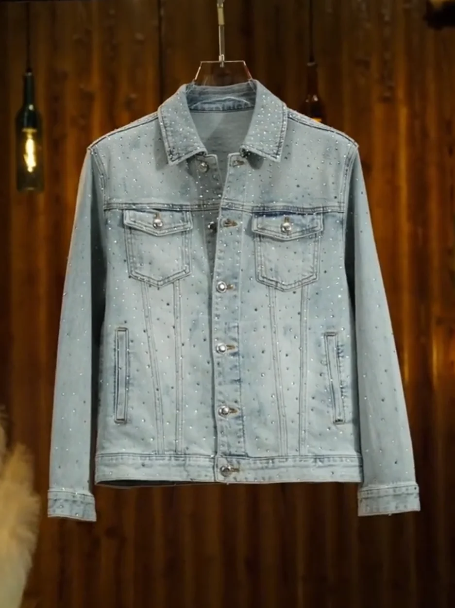 

Faionable Casual Men's Denim Jaet Autumn New Sle Ele Sensation Hotfix Rhinestone Coaster Outerwear Long Sve