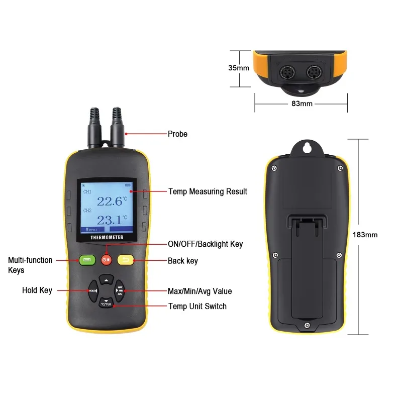Handheld thermometer, large-screen intelligent data recorder, with maximum value, minimum value, and average value display