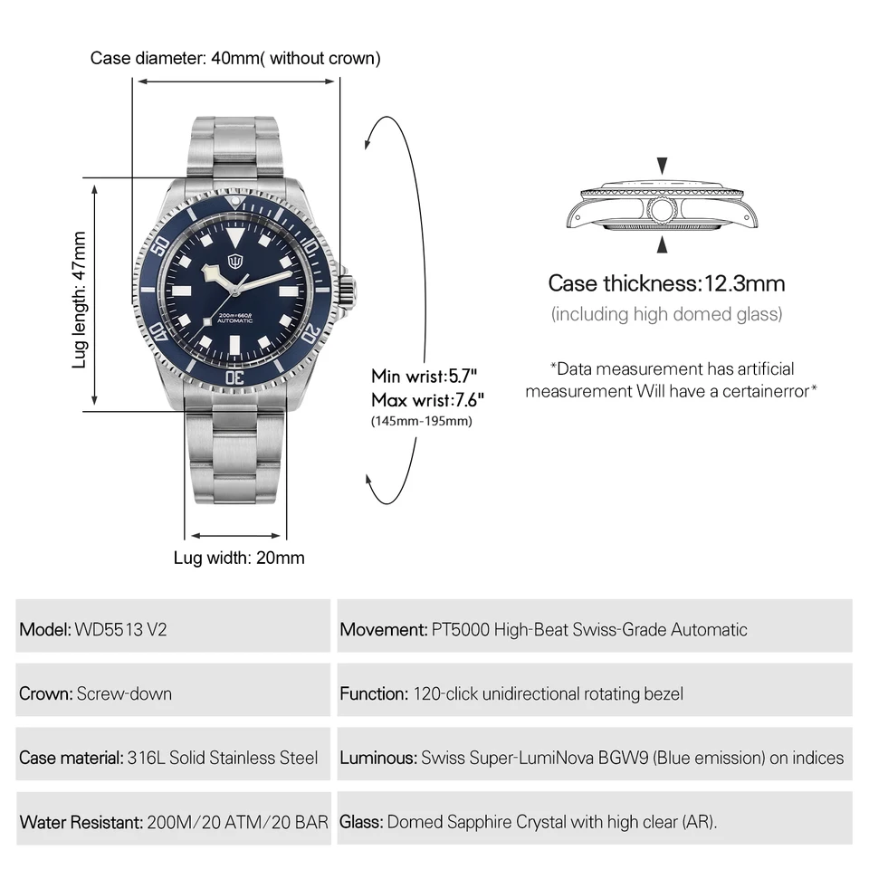 Watchdives WD5513 V2 PT5000 Vintage Sub Dive Watch Sapphire