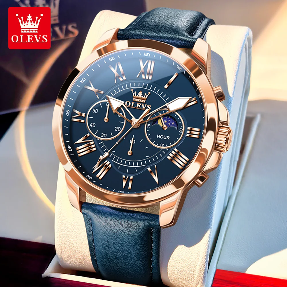 OLEVS 3632 Chronograph Herrenuhr, Mondphase, Lederarmband, leuchtend, wasserdicht, Business-Quarz-Armbanduhr für Herren, luxuriös