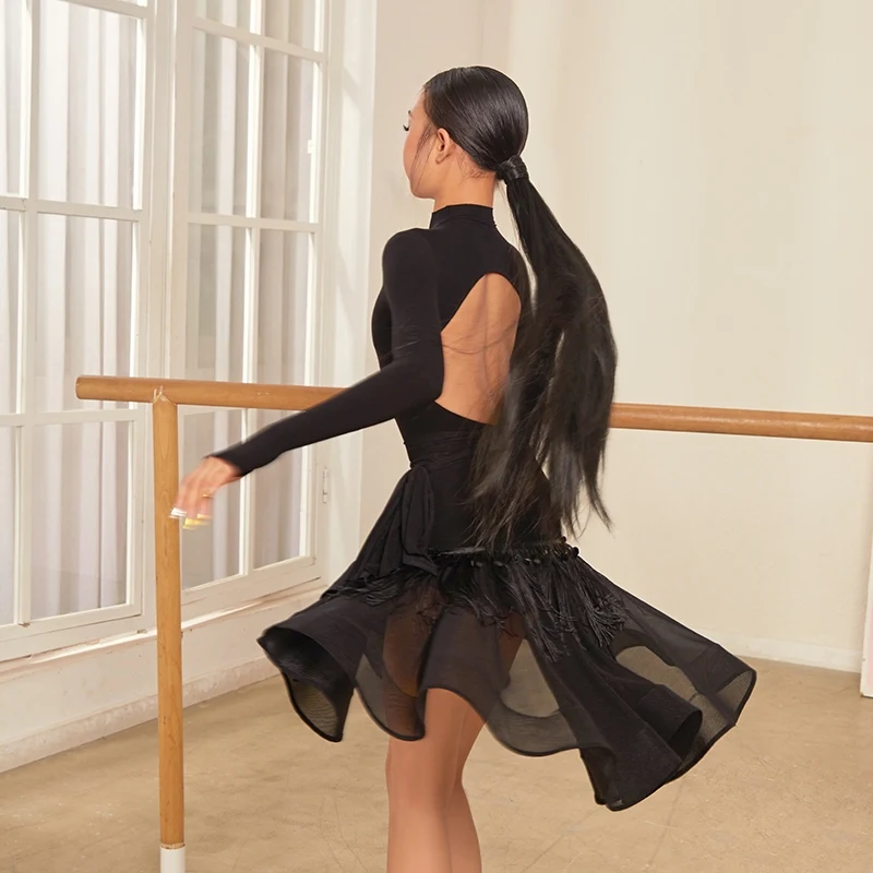 Nowa spódnica do tańca latynoamerykańskiego dla dziewcząt, strój do cha-chy i rumby, spódnica z frędzlami, kostium do występów latynoamerykańskich, czarna spódnica z frędzlami DNV24809