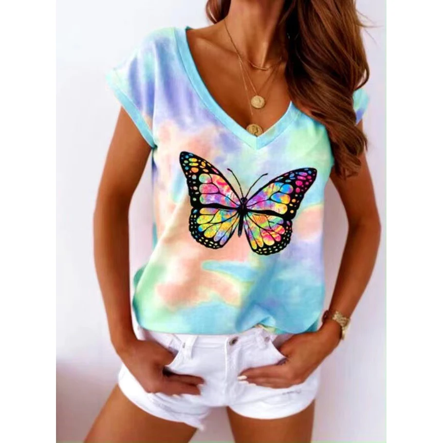 

3D T-ShirtsWomen‘s T Shirt Summer V-neck Short Sleeve Butterfly Print Cute Girls Tops Fashion Oversized Tee Shirt Lady Clothing