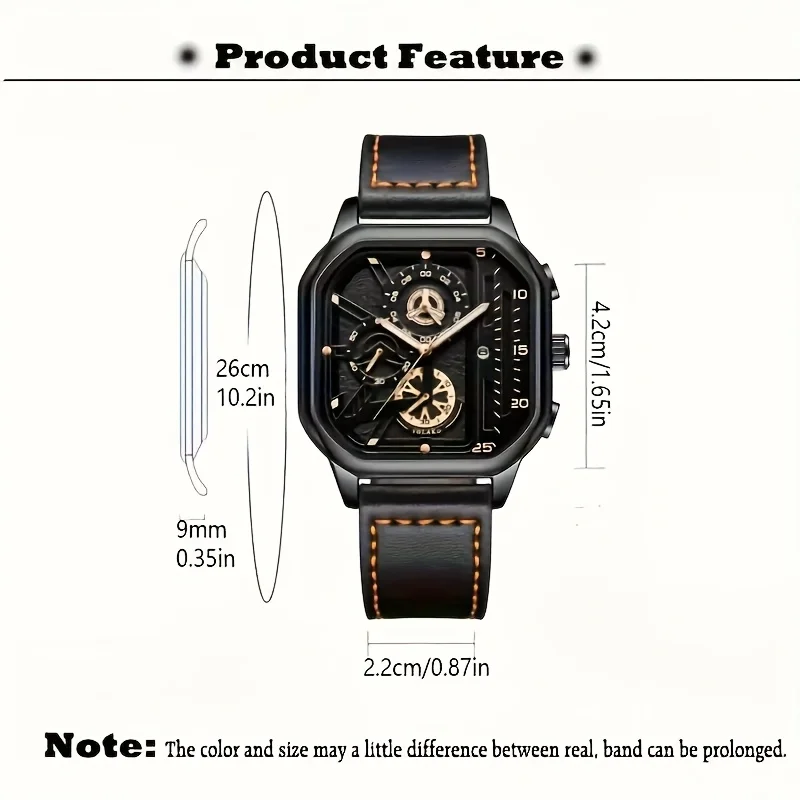 Conjunto de relógio de quartzo com pulseira de couro masculino de luxo de 2 peças com calendário – presente perfeito para escola, formatura, presente masculino