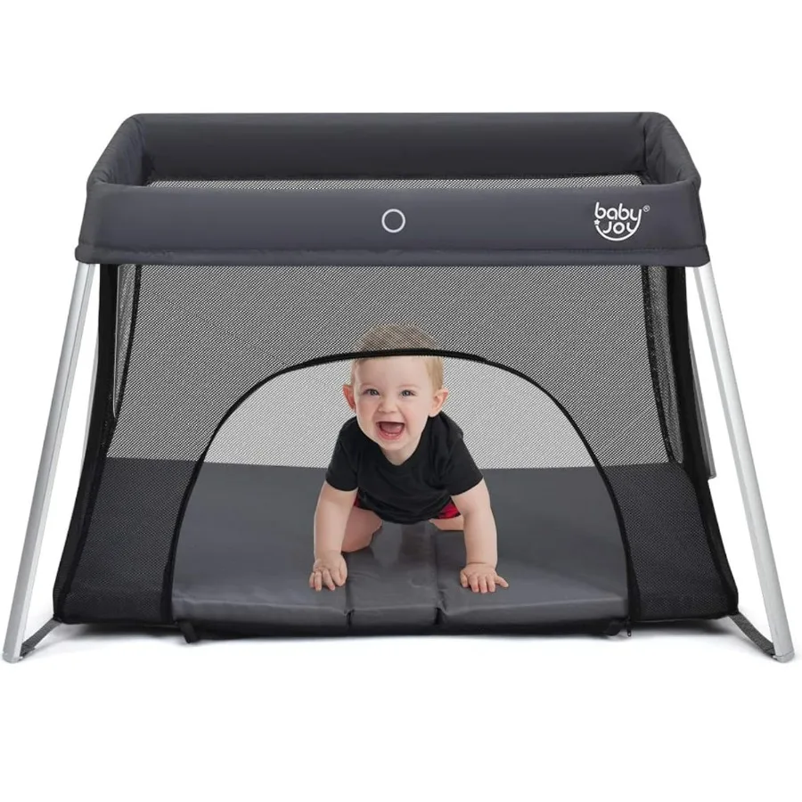 Baby Foldable Travel Crib 2 in 1 Portable Playpen with Soft Washable Mattress Side Zipper Design Lightweight InstallationFree H