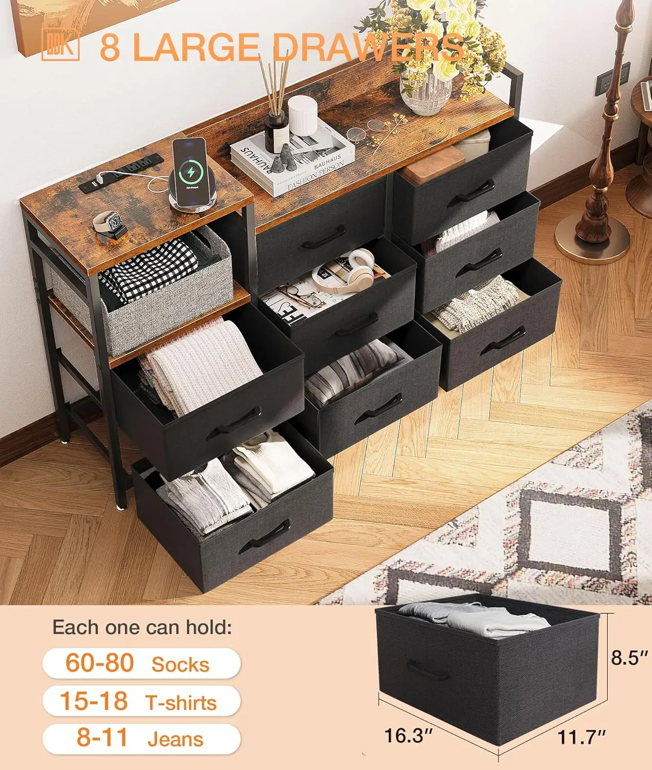 Dresser with Charging Station, 52-Inch Long Dresser for Bedroom with 8 Storage Drawers, Fabric Dressers Chests of Drawers