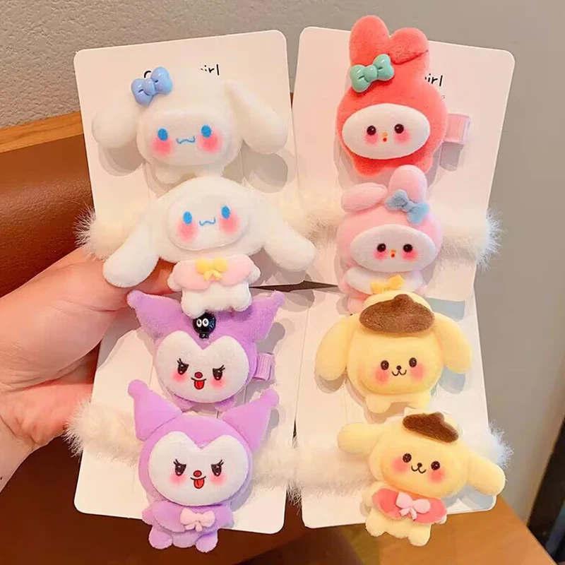 Cartoon Sweet Kawaii Melody Cinnamoroll Pochacco Kuromi Purin Anime Cute Sanrio Hairpin Plush Hair Rope For Kids Hair Decoration