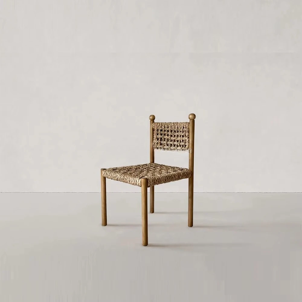 Silla de madera maciza estilo granja francesa, asiento de algas nativas tejido a mano, muebles de comedor cómodos