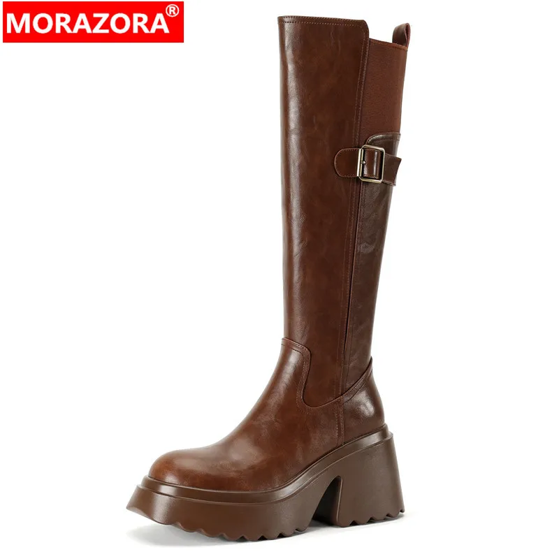 

MORAZORA 2024 New Genuine Leather Platform Winter Boots Street Style Female Zipper Knee High Boots Square High Heels Boots