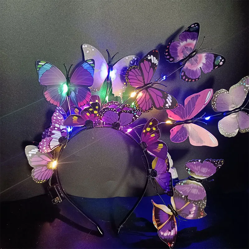 Butterfly Fascinator Headband Glowing LED Light up Bohemian Hair Band Hoops Colorful Headpiece for Party Wedding Christmas