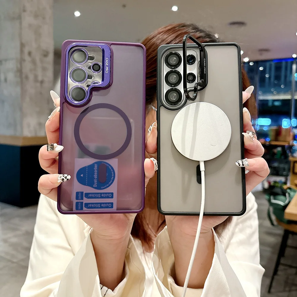 Magnetic Lens Kickstand Phone Case for Samsung Galaxy S26 S25 S24 Ultra Plus Matte Frosted Stand Protect Cover(Gift lens film)