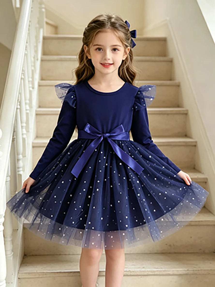 Marineblaues Strass-Tüll-Tutu-Kleid für Mädchen, A-Linien-Kleid im Prinzessinnenstil für Frühling und Herbst – Detail 4
