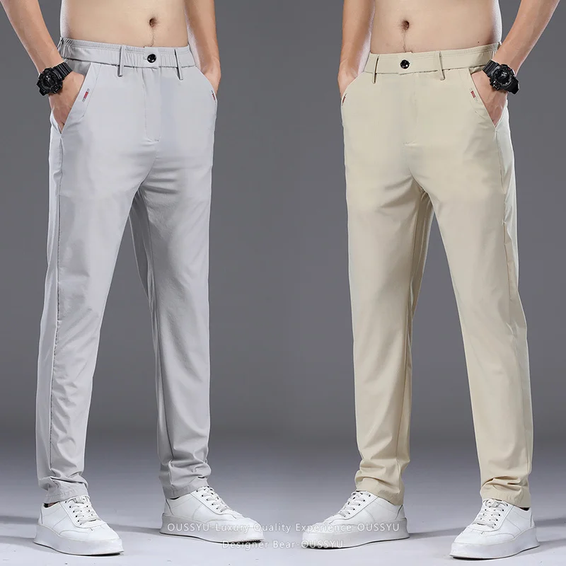 High Stretch 2026 Summer Ultra-thin Men's Casual Pants Slim Breathable Business Pants Office Khaki Work Polyamide Fibre Trousers
