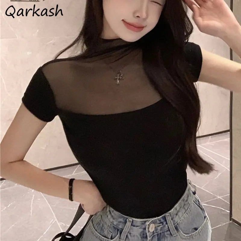 

Vintage T-shirts Women Streetwear Summer Sheer Aesthetic Hotsweet Korean Style Female All-match Daily Casual Simple Y2k Elegant