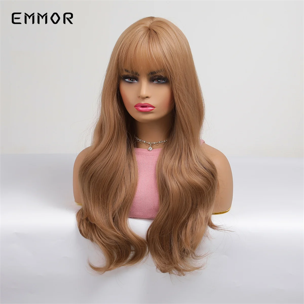 Emmor Copper Long Brown Wig Synthetic Wavy Wigs with Bangs for Women Halloween Cosplay Party Use Heat Resistant Fiber Hair Wig