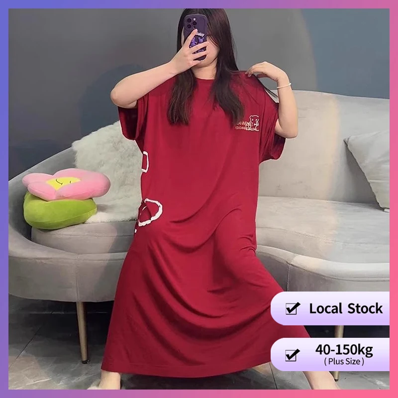 【بيجامة بمقاس كبير】150 كجم يمكن ارتداؤها فساتين نوم طويلة كبيرة الحجم للنساء مقاس كبير وأكمام قصيرة ورقيقة ملابس منزلية فضفاضة