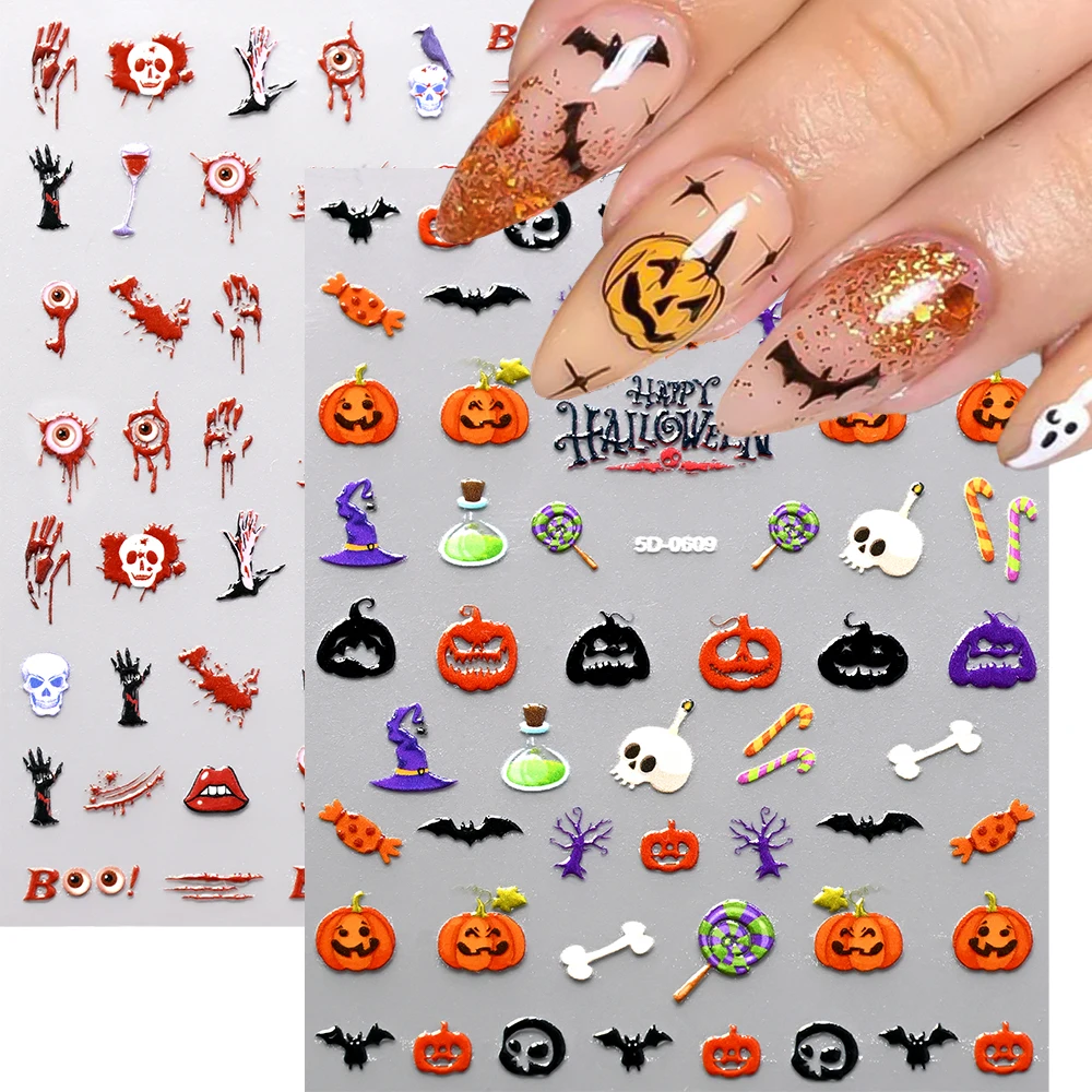 5D Halloween Nail Stickers Pumpkin Ghost Skull Red Blood Hand Skeleton Design Nail Slider Decals Horror Eyeball Nail Decoration