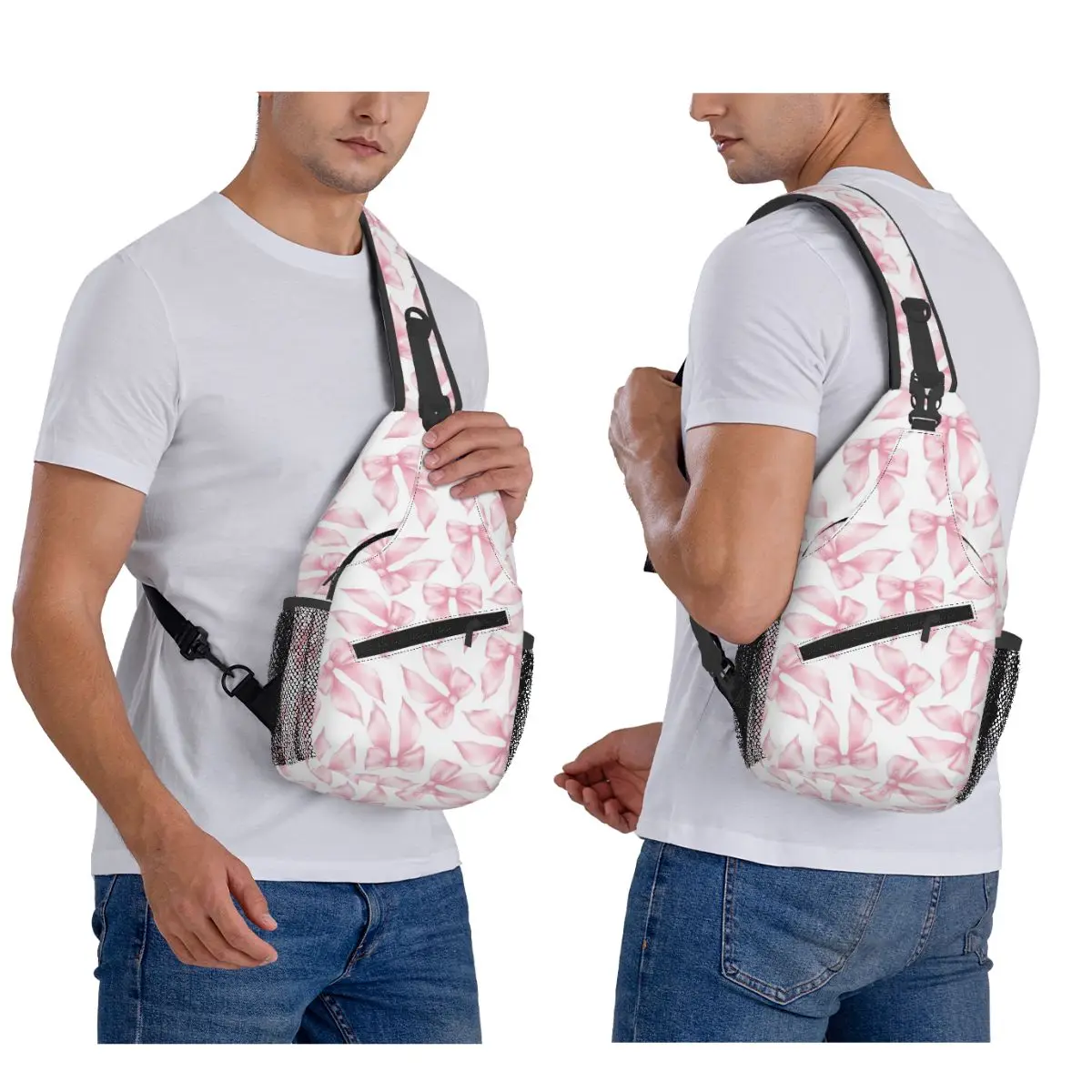 Cochuette Pink Bow Bliss-pattern Chest Bag Men Sling Crossbody Backpack Chest Bag Traveling Hiking Daypack Shoulder Bag