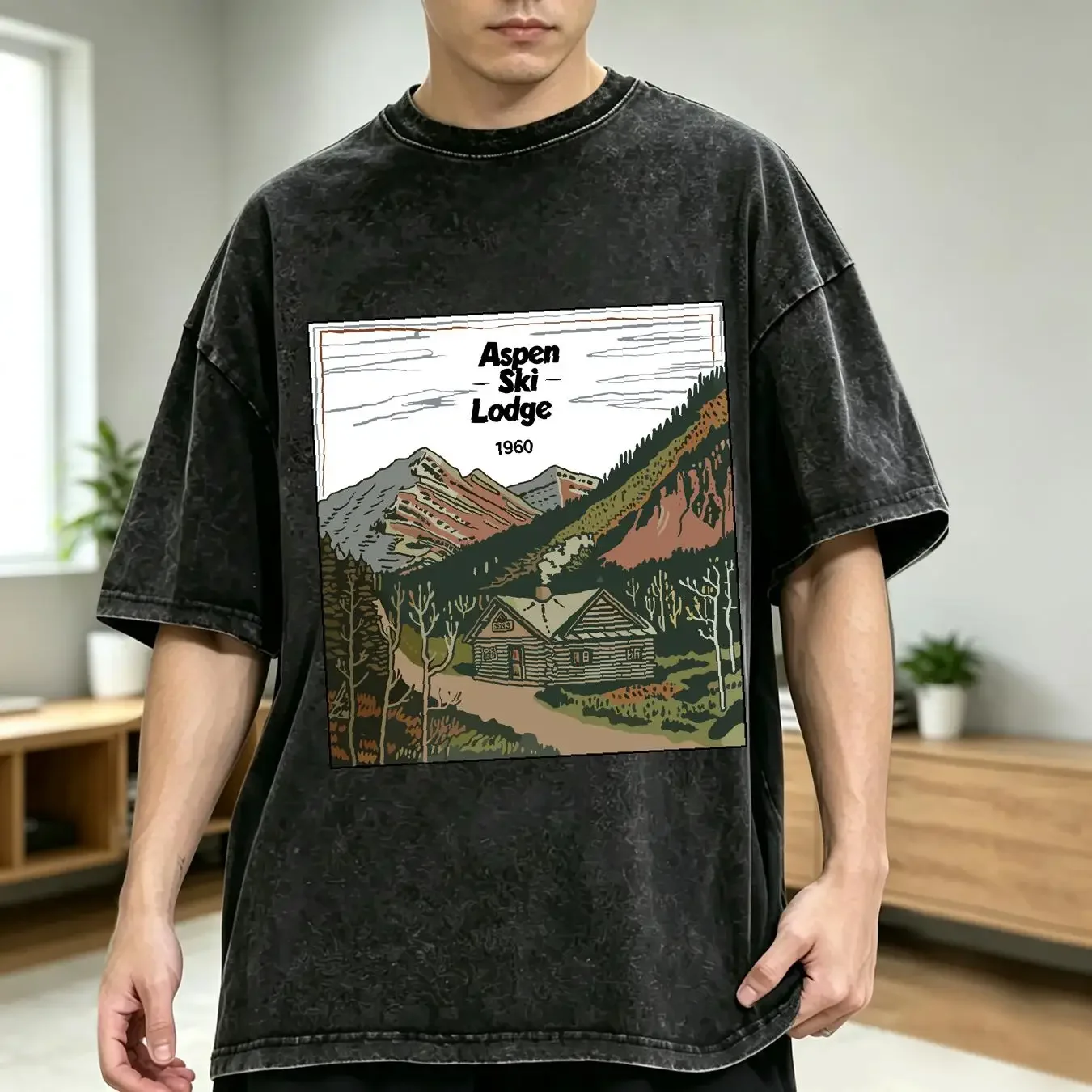 washed T Shirt Aspen Ski Lodge 1960 Vintage Retro Skiing Snowboarding Souvenir Colorado Winter Cabin Mountains Hand Drawn