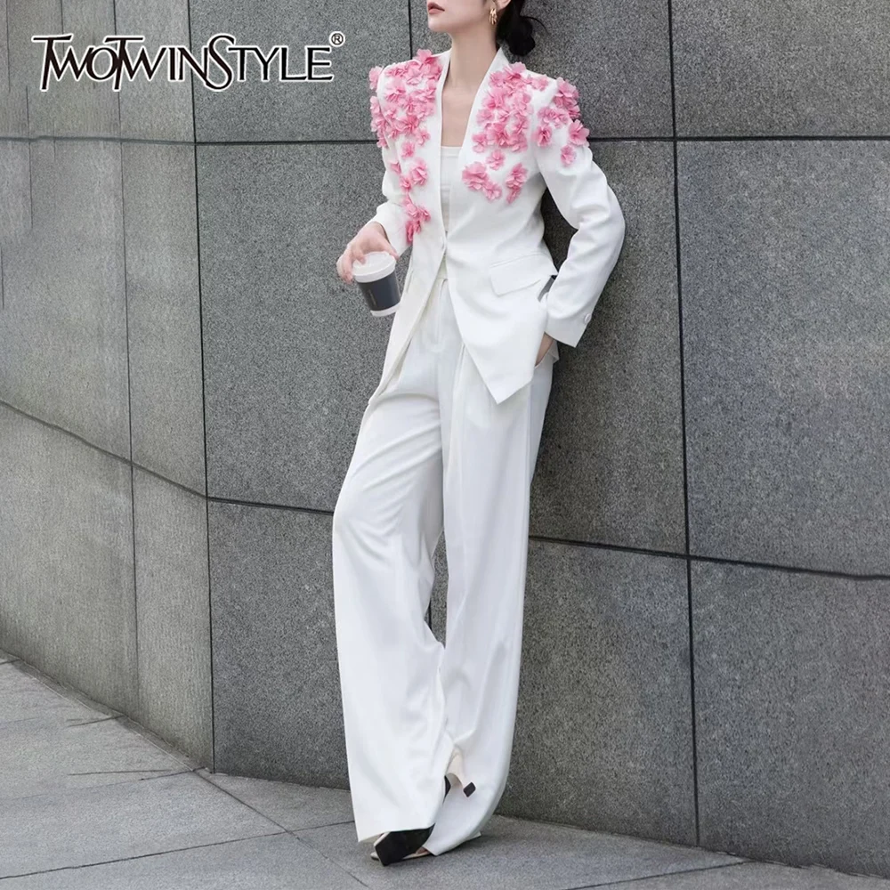 

TWOTWINSTYLE Solid Spliced Flowers Two Piece Set Female V Neck Long Sleeve Jacket Office Lady Women's Trousers Set Autumn New