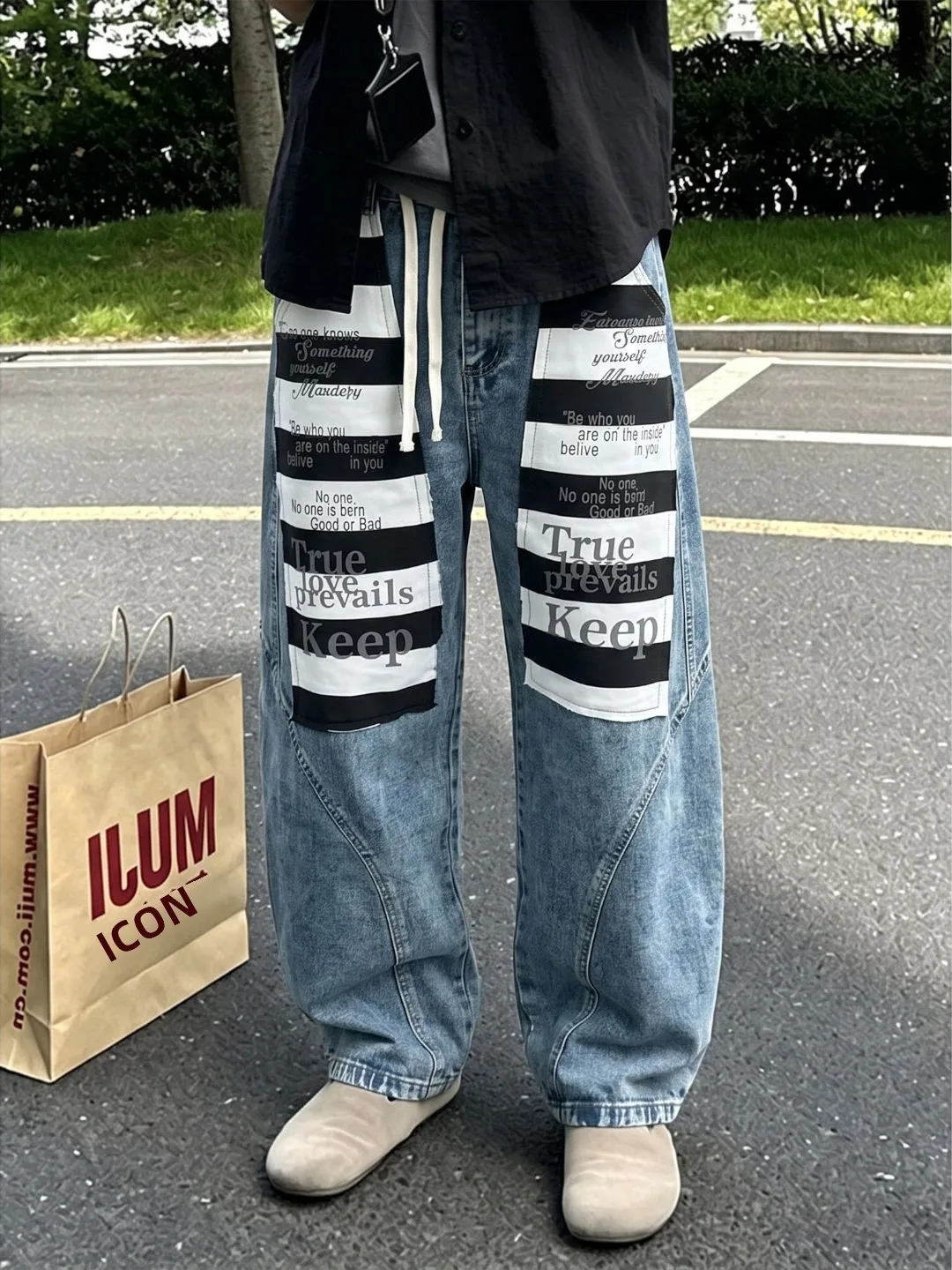 American Letter Splicing Stripe Wide Leg Jeans Men's Handsome High-End Feelings Pants Design Bend Knife Pants
