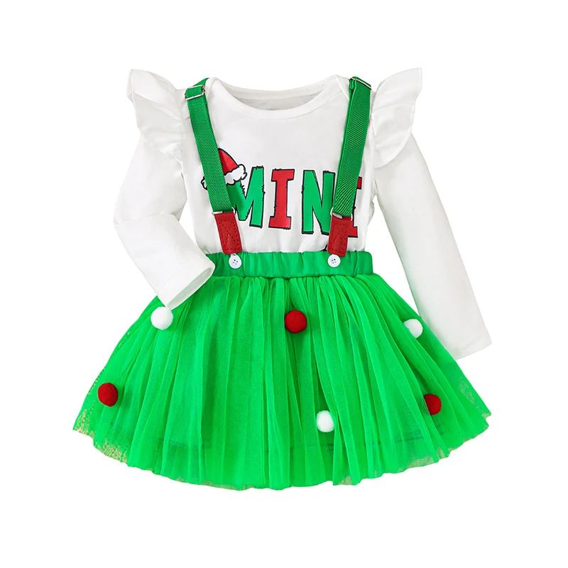 

Baby Girl Christmas Outfit Ruffle Long Sleeve Romper Tulle Suspender Skirt with Plush Ball 2 Piece Set