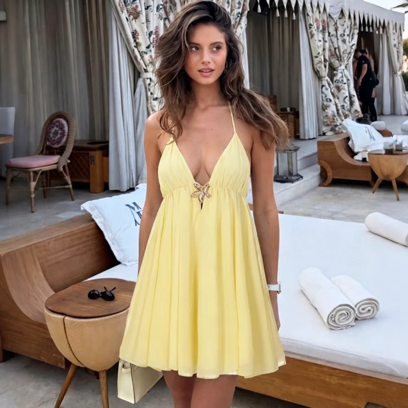 

Ticketsx Summer Sexy Plunge Halter Dress Solid New Ruched Patchwork Lace Up Dress Elegant Women's Backless Vacation Street Dress