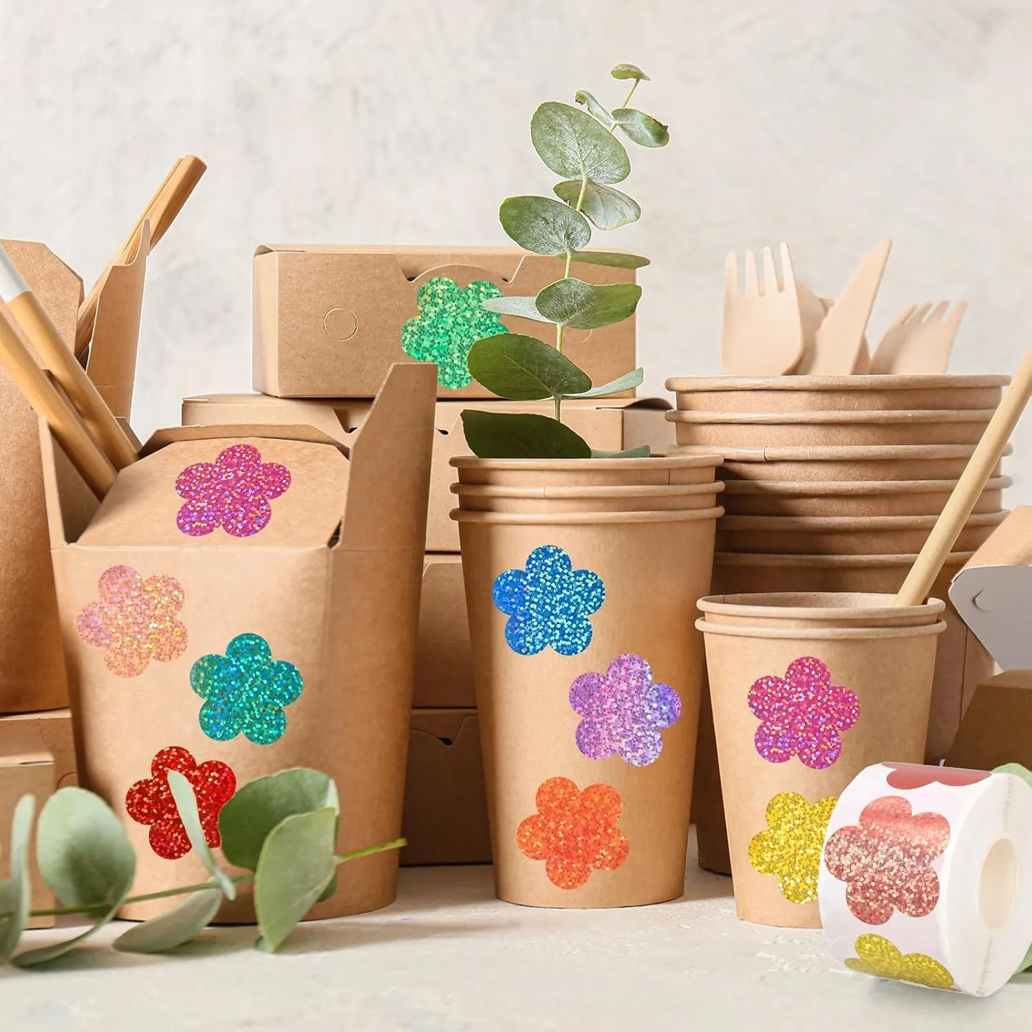 500 قطعة ملصق زهرة الليزر لفة أزهار لطيفة شكل ختم ملصق اللون مقاوم للماء ذاتية اللصق ملصق تغليف الهدايا ملصق