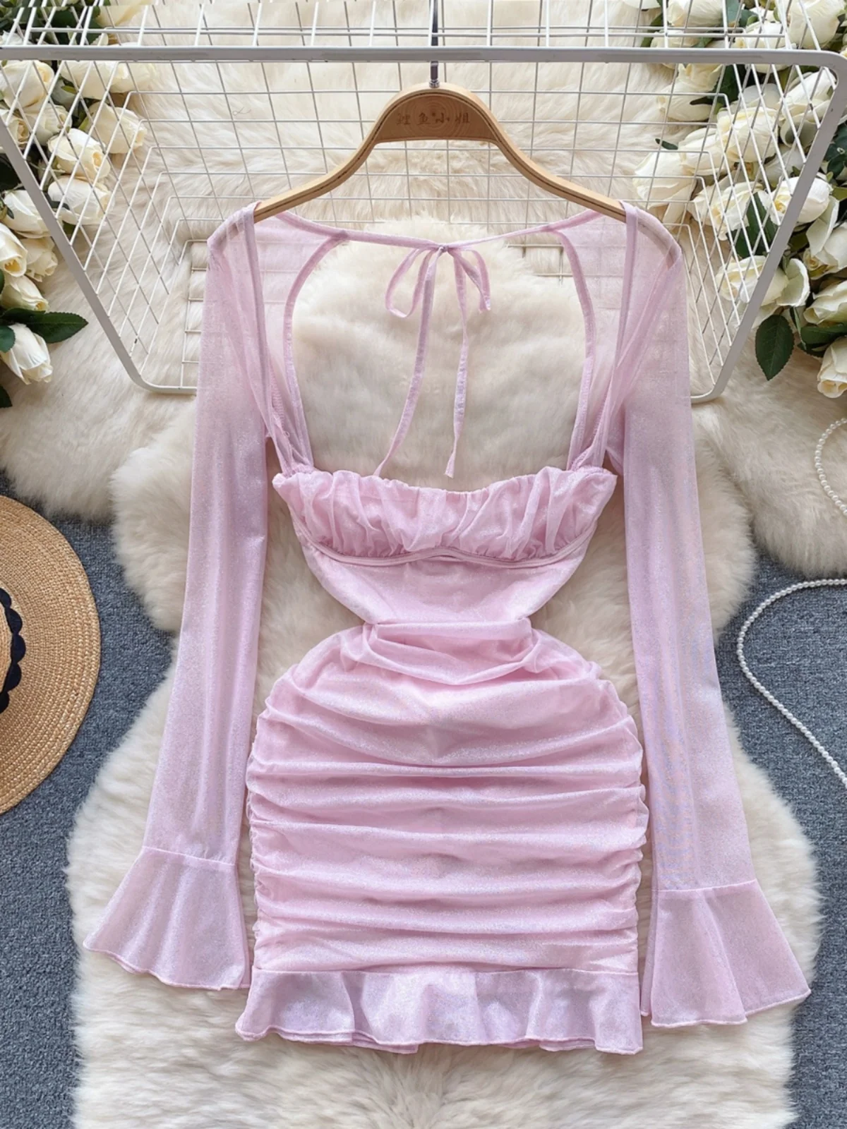 Foamlina Frauen elegante rosa niedrig geschnittene quadratische Hals Perspektive Langarm Sommerkleid sexy rücken freie schlanke Rüschen Mini-Party kleid