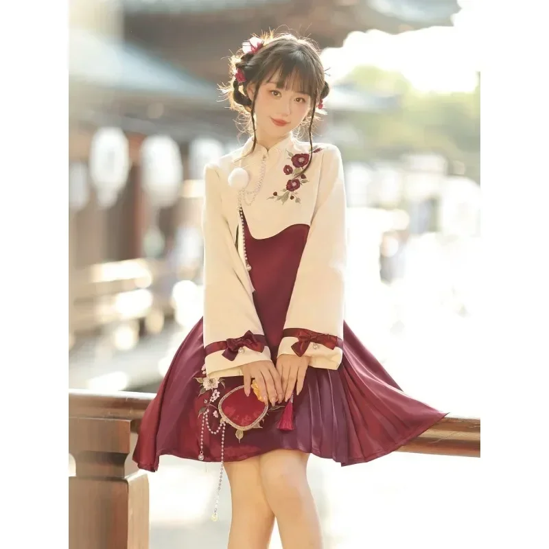 2023 Herfst Vintage Bordeaux Rose Borduren Lange Mouw Lolita Jurken 2 Stuks Vrouwen Verbeteren Chinese Stijl Hanfu Party Jurken