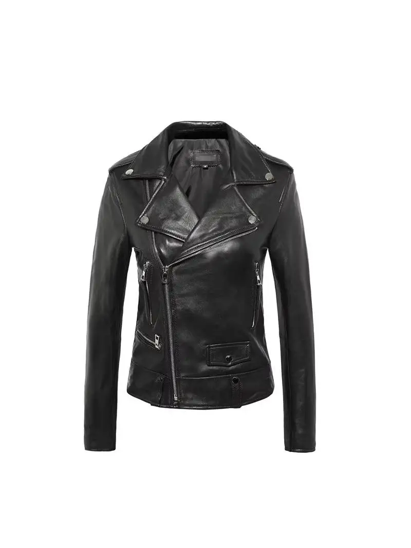 Damski kurtka motocyklowa SLP ort Jaet 2025 wiosna nowa, elegancka, z prawdziwej skóry, dopasowany krój, modna, zapinana na zamek, długa kurtka.