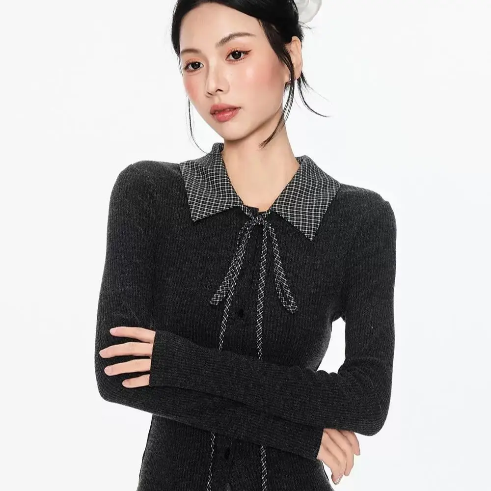 

Plaid Splicing Polo Collar Lace-up Long-sleeved Women's Korean Three-dimensional Button-up Knitted Sweater Jacket Top