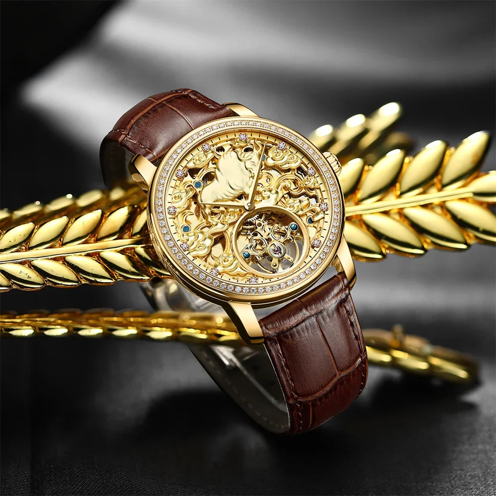 AILANG Brand New Luxury Tourbillon Mechanical Watch for Men Leather Waterproof Fashion Diamond Skeleton Gold Watches Mens