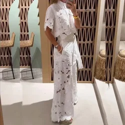 Women Hollow 2Pcs Lace Outfit Embroidery Retro Temperament Suit 2024 Elegant Button Short Sleeved Blouse Tops&Tie-up Pants Set