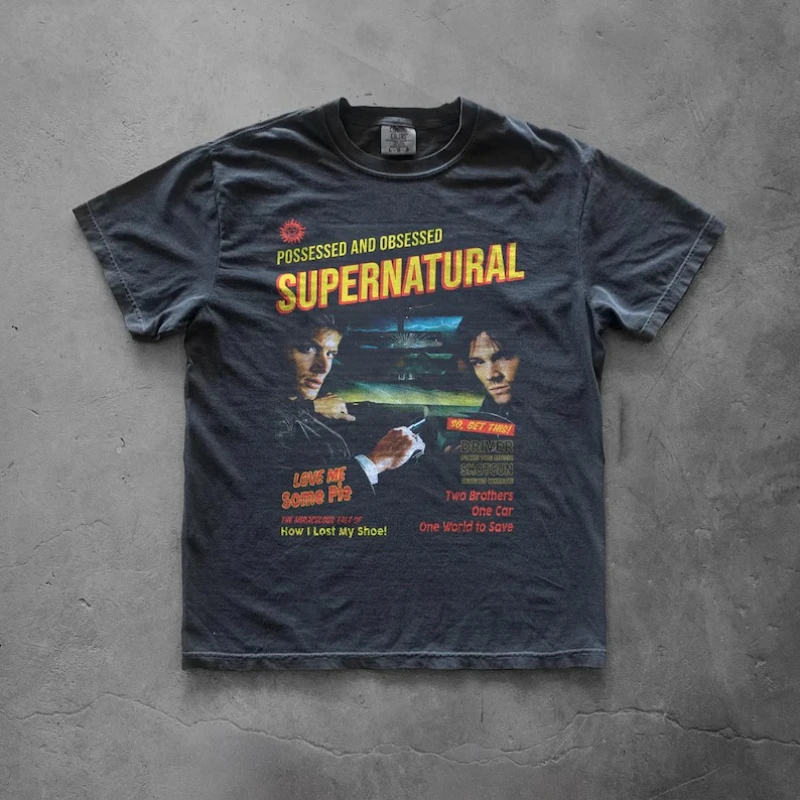 Retro TV Series T‑Shirt Men Women Supernatural Winchester Brothers Vintage Movie Graphic Print Crewneck Short Sleeve Casual Tops